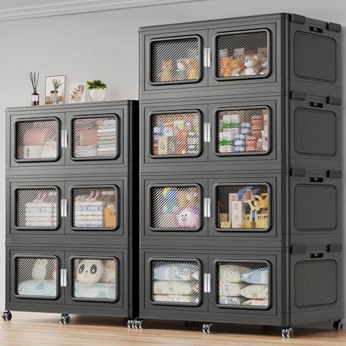 BROVIEW 525Gal Storage Bins, 2100Qt Extra Large Stackable Storage Box with Lids & Wheels - Heavy Duty Collapsible Plastic Cabinets, Open Front Door for Sundries in Home & Office, Black 7 Pack by BROVIEW-EnjoytheArtofLife