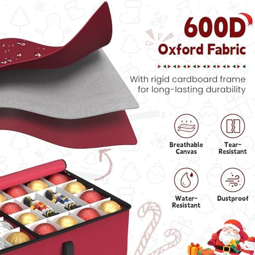 Sunvigor Christmas Ornament Storage Box with 8 Trays, Fits 128 Holiday Ornament Christmas Storage Container with Adjustable Dividers, Dual Zippers, 600D Oxford Christmas Decorations Storage(Rose Red) - Image 2