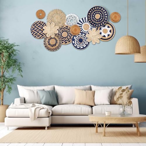 Xuhal 15 Pcs Boho Wall Basket Decor Handcrafted Seagrass Woven Wall Basket Rustic Round Woven Hanging Art for Home Farmhouse Kitchen Table Living Room(Blue Classic Style) - Image 5