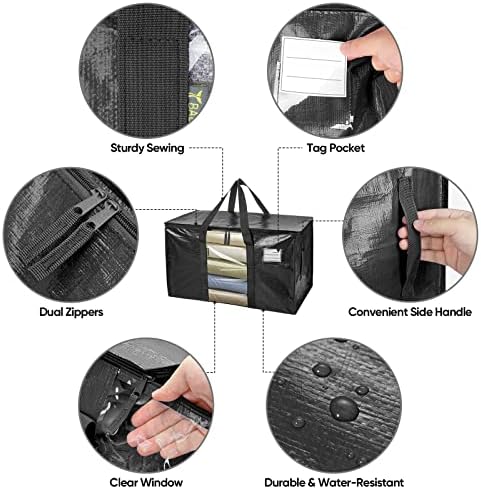 BALEINE 8-Pack Oversized Moving Bags with Reinforced Handles, Heavy-Duty Storage Tote Moving Supplies for Packaging, Camping (Black w/Window, 8-Pack) - Image 3