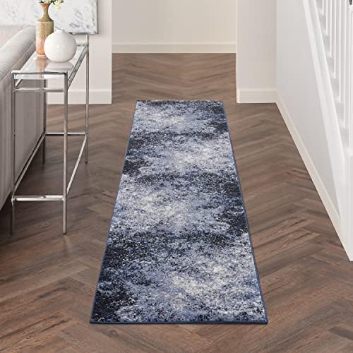 Nourison Home Passion Light Blue/Black 2'2'' x 10' Area-Rug, Modern, Abstract, Easy-Cleaning, Non Shedding, Bed Room, Living Room, Dining Room, Kitchen, (10' Runner) by NourisonHome