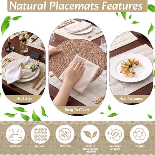 Long Table Runner and Round Woven Placemats Set, 6 Sets, Beige - Image 5
