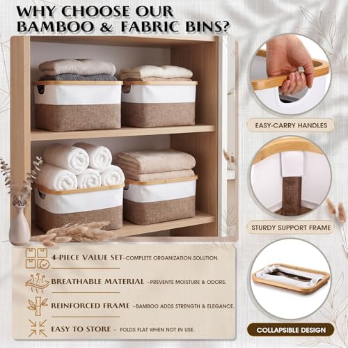 Hushee 4 Pack Bamboo Fabric Storage Bins for Shelves, 15"x10"x7.9" Collapsible Storage Baskets for Organizing, Two-Tone Foldable Bins for Clothes, Towels, Linens(White with Brown) - Image 3