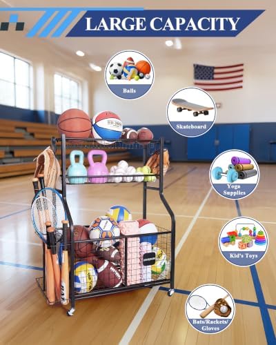 Sports Equipment Organizer with Wheels for Garage Ball Storage - Image 2