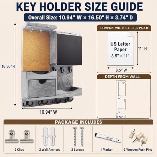 Key Holder Wall Mount with Drawer and Mail Organizer, Grey - Image 2