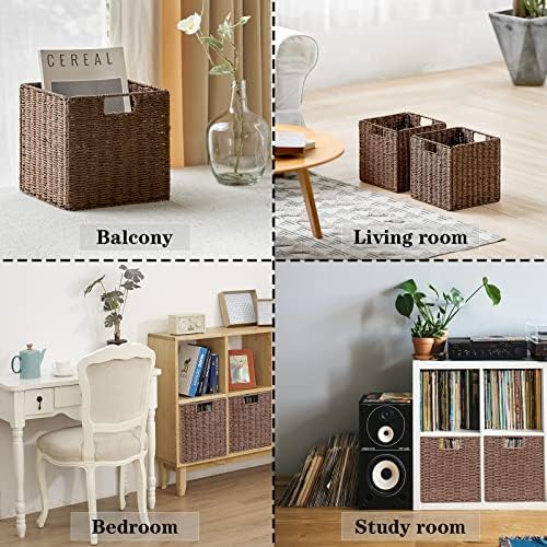 Vagusicc Wicker Basket, Set of 2 Hand-Woven Paper Rope Storage Baskets for Organizing, Foldable Cubby Storage Bins, 11 Inch Large Wicker Storage Basket, Square Baskets Cube Storage Organizer, Brown - Image 5