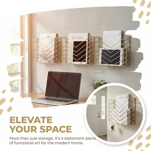 Gold File Organizer, Metal Wall Mounted Magazine Rack, Wall Mounted Magzine Holders for Office, Bathroom (4P Gold) - Image 4