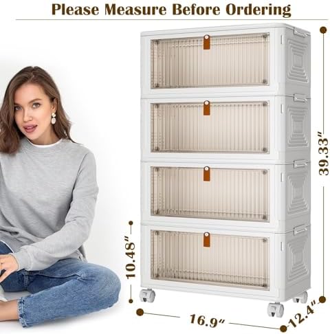 4 Tier Plastic Storage Bins with Lids 35QT, Stackable Storage Containers with Wheels, Folding Storage Boxes, Collapsible Storage Bins, Closet Organizers and Storage for Living Room,Office,Dorm - Image 5