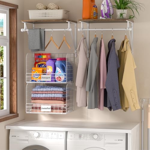 DAOUTIME 2 Set Laundry Room Wall Mounted Shelves With Wire Storage Baskets, Over Washer and Dryer With Hanging Rods and Hooks, for Organization and Storage, White, Wooden - Image 2
