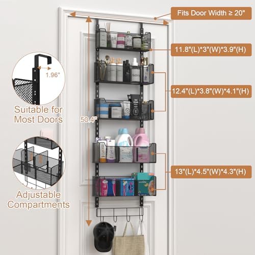 VyGrow Over The Door Organizer, Metal Door Organizer Hanging with 5 Adjustable Baskets and Coat Hook, Behind The Door Storage for Bedroom Closet Bathroom Pantry Cabinet Kitchen, Black - Image 3