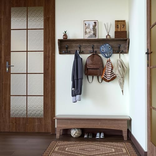 SKOLOO Wall Shelf with Hooks, 35-Inch Weathered Brown Wall Mounted Coat Rack with Shelf Organizer - Lightweight & Sturdy​​, 5 Tri Hooks - Perfect for Entryway, Hallway, Living Room, Bedroom, Mudroom - Image 6