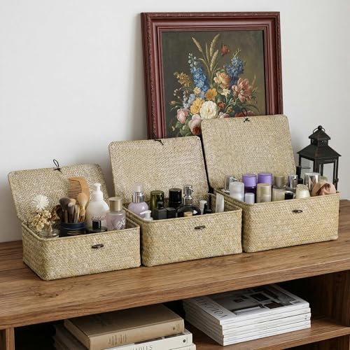 Nonam Wicker Storage Basket with Lid,Seagrass Shelf Basket Set of 3,White - Image 3