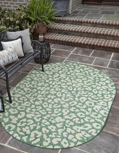 Unique Loom Outdoor Safari Collection Area Rug - Leopard (5' 3" x 8' Oval Green Blue/Ivory) by UniqueLoom