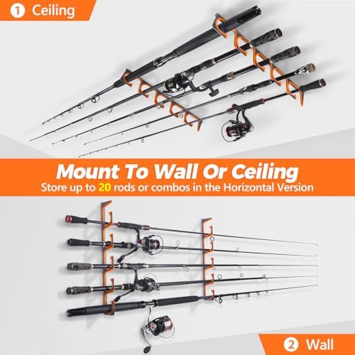 PLUSINNO H5 Horizontal Fishing Rod/Pole Holders for Garage, Wall Ceiling Mounted Fishing Rod Holder, Aviation Aluminum Fishing rod rack Holds up to 5/10/20 Rod or Combos Fishing Gear and Gifts for Men - Image 4