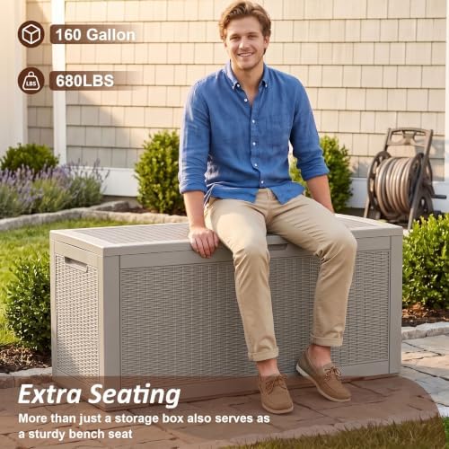 Vixzen 160 Gallon Deck Box, Lockable Waterproof Resin Storage Box,Beige - Image 6