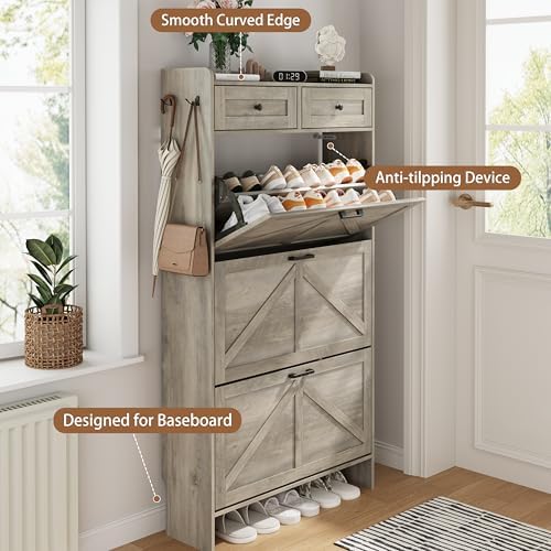 Shoe Cabinet with 3 Flip Drawers & 2 Top Drawers, 57" Tall Freestanding Narrow Wooden Shoe Storage Organizer for Entryway, Hidden Slim Shoe Rack for Front Door Entrance, Hallway, Living Room, Grey - Image 5