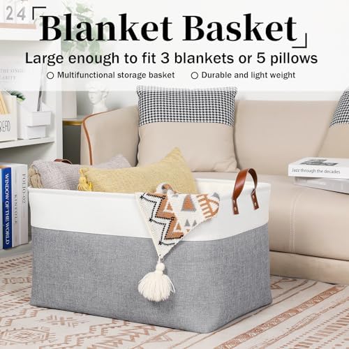 DULLEMELO Extra Large Storage Baskets for Organizing 22"x15"x13" Foldable Fabric Storage Baskets Organizer Bins with Handles Large Storage Basket for Shelves Closet Toys Books (White&Grey) - Image 5