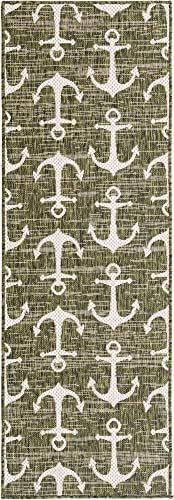 Unique Loom Outdoor Coastal Collection Area Rug - Ahoy (2' x 6' 1" Runner, Green/ Ivory) - Image 3