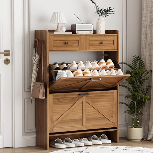 Shoe Cabinet with 2 Flip Drawers & 2 Top Drawers, 43" Tall Freestanding Narrow Wooden Shoe Storage Organizer for Entryway, Hidden Slim Shoe Rack for Front Door Entrance, Hallway, Living Room, Walnut by Xixini