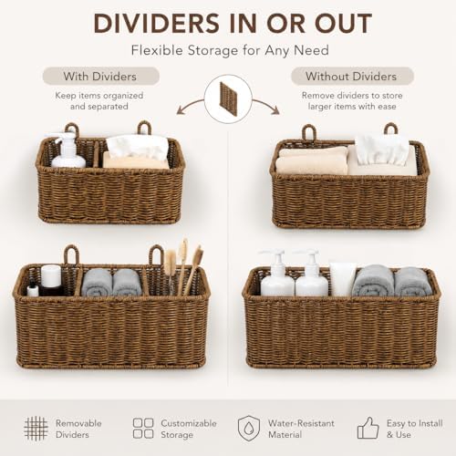 AceList Hanging Wall Basket with Removable Dividers, Set of 2 Woven Storage Baskets - Faux Rattan Wall Mounted Organizer for Kitchen Bathroom, Includes 5 Clear Hooks & 5 No-Mark Nails, Boho Decor - Image 3