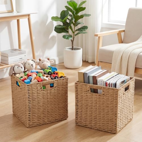 Newtay 6 Pcs Wicker Storage Baskets 11.8 x 11.8 in Cube Storage Bin Organizer Camel Square Foldable Wicker Baskets for Shelves Organizing Decor Laundry Pantry Toys - Image 4