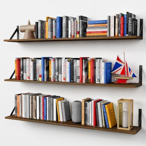 Forbena 48 Inch Floating Shelves for Wall Long Set of 3, Large Wooden Wall Bookshelf for Bedroom Books, Rustic Wood Hanging Bookshelves for Living Room Laundry Closet Kitchen Storage (Dark Brown) by Forbena