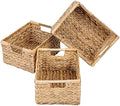 Large Wicker Basket Rectangular with Wooden Handles for Shelves, Water Hyacinth Basket Storage, Natural Baskets for Organizing, Wicker Baskets for Storage 14.5 x 10.3 x 7.5 inches - 3 Pack by VATIMA