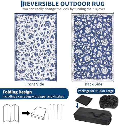 Garvee Camping Rugs for Outside Your RV 10x14 Floral Patio Rugs,Navy＆White - Image 6