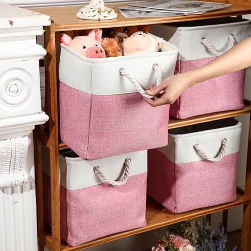 meekoo 8 Pack Fabric Storage Bins Baskets, 12 x 12 x 12 in, Pink White - Image 2