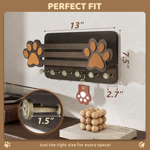 MTERSN Dog Leash Holder for Wall with Floating Shelf & 6 Hooks, Dark Brown - Image 3