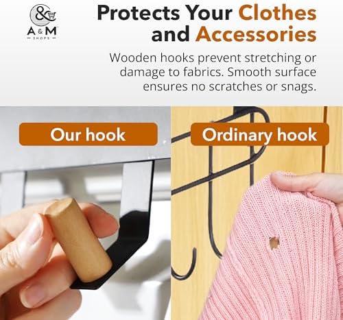 A&M Shops Over The Door Hanger - Heavy Duty Metal Door Hanger with Lotus Wood Tip for Bathroom & Bedroom - Coat Rack Organizer with 5 Stylish Towel Hooks for Door, Clothes & Bags - Black - Pack of 2 - Image 4