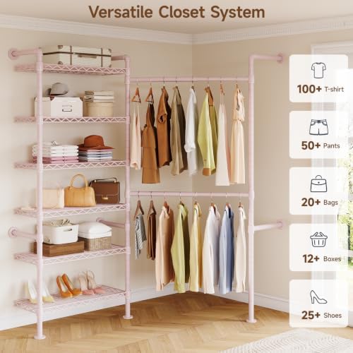 ONBRILL L2 Wall Mounted Closet System, Industrial Pipe Clothing Rack, Pink - Image 3