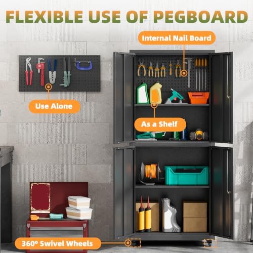 71''H Garage Storage Cabinet with Wheels, Meatl Storage Cabinet with Lock - Image 5