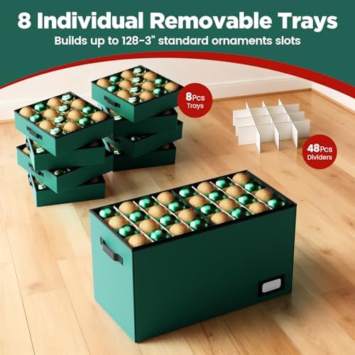 Christmas Ornament Storage Box Store 128 Ornaments, Extra Large Xmas Ornament Organizer Storage box with Lid & Adjustable Dividers, Holiday Decorations Storage Container with 8 Stackable Trays, Green - Image 6
