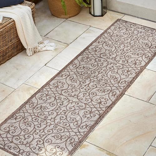 Eyely Filigree Weave Runner Rug 2X10 Taupe/Espresso, Indoor Outdoor Rug by eyely