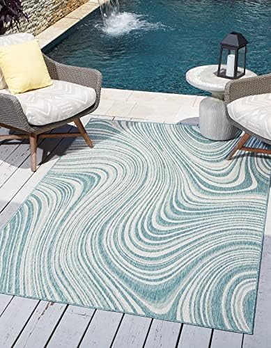 Unique Loom Outdoor Modern Collection Area Rug - Pool (6' 1" x 9' Rectangle, Light Aqua/ Blue) - Image 2