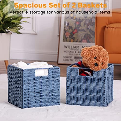 Vagusicc Wicker Storage Basket, Set of 2 Hand-Woven Storage Baskets for Shelves with Handles, Foldable Cube Storage Baskets Bins 11 Inch Large Wicker Baskets for Pantry Decor, Blue(11''x11''x11'') - Image 6