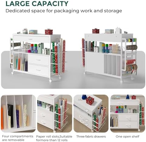 Wrapping Paper Storage & Organizer, Craft Cart with Ribbon & Gift Bag Storage, Wrapping Paper Organizer Holder(3 Wooden Drawers-White) - Image 4