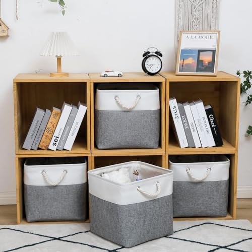MidmmVick 13 x 13 Inch Cube Storage Bins, 6 Pack Extra Large Collapsible Fabric Storage Bin with Ropes, Foldable Storage Cubes for Home (White & Grey-13"x13"x13") - Image 2