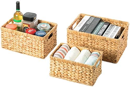 Natural Woven Water Hyacinth Wicker Rectangular Storage Bin Basket with Handles, Set of 3 by Vintiquewise
