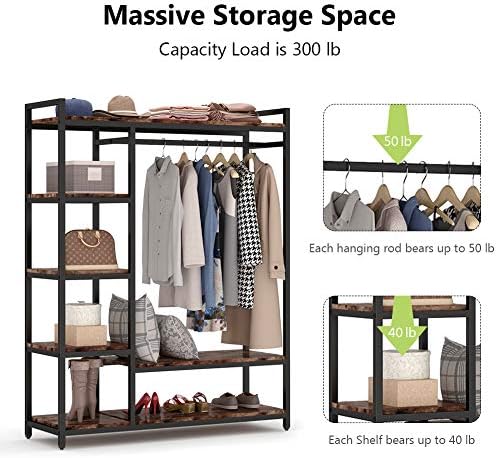 LITTLE TREE Free Standing Wood Closet Clothes Rack,Heavy Duty Grament Rack with Shelves,Hanging Racks for Clothes Clothing Rack for Bedrom,Wardrobe Closet Organizer,350 lb Capacity,Rustic - Image 5