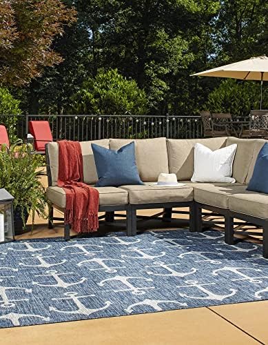 Unique Loom Outdoor Coastal Collection Area Rug - Ahoy (7' 10" Square, Blue/ Ivory) - Image 3