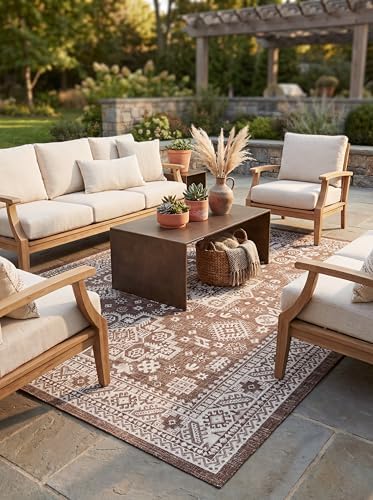Rugs.com Outdoor Aztec Collection Rug – 6' x 9' Brown Flatweave Rug Perfect for Living Rooms, Large Dining Rooms, Open Floorplans by Rugscom