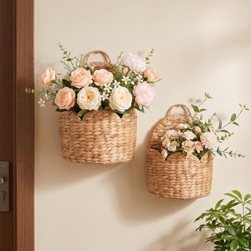 2Pcs Scalloped Wall Baskets, Handwoven Water Hyacinth Hanging Storage, Boho Farmhouse Wall Decor by Unknown