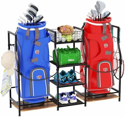 Jsskeeim Golf Bag Storage Organizer for Garage Organization, Golf Bag Stand for Golf Bag Accessories, Spacious Golf Rack for Golf Clubs & Golf Essentials, Ideal Golf Gifts for Men (Fits 2 Golf Bags) by Unknown