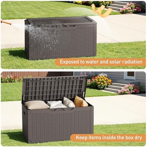 Greesum 100 Gallon Resin Deck Box Large Outdoor Storage Boxes with Cushions for Garden Tools, Patio Furniture Pillows, Pool Supplies, Dark Brown - Image 3