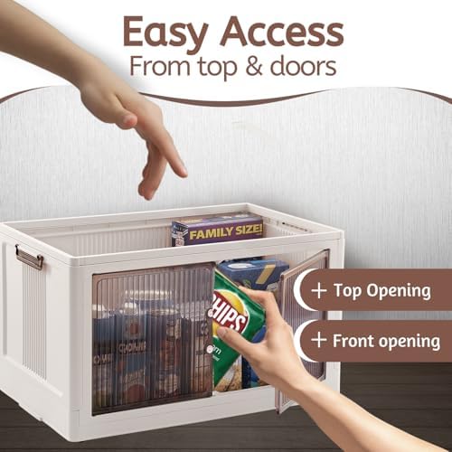 95 QT (285 QT Total) Stackable Storage Bins with Doors – 3 Tier Plastic Cabinet with Doors – Magnetic closure Foldable Storage Bins with Lids & Wheels –Collapsible Organizer with Leather Handles - Image 2