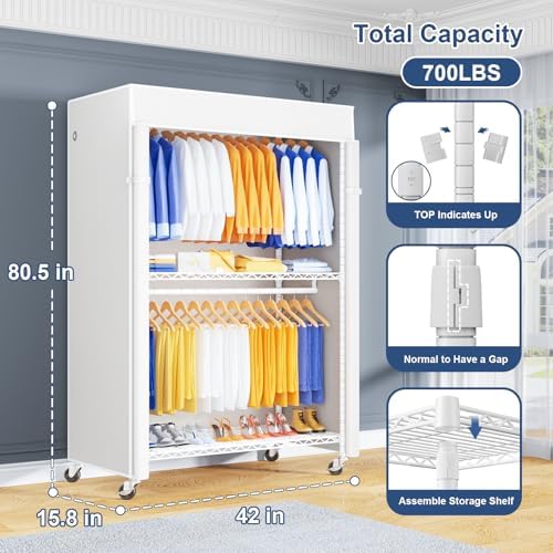 ULIFHOME P8C Pro Heavy Duty Clothes Rack（With Extended Width Design） Rolling Clothing Racks for Hanging Clothes with Lockable Wheels，42" W x 15.8" D x 80.5" H，Load 700LBS，White Rack with White Cover - Image 2