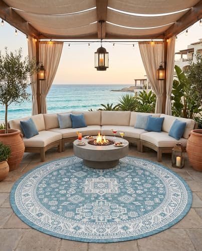 Rugs.com - Outdoor Aztec Rug – 10 Ft Round Aqua Indoor/Outdoor Rug – Washable Flatweave for Patios, Decks, and Porches - Image 7
