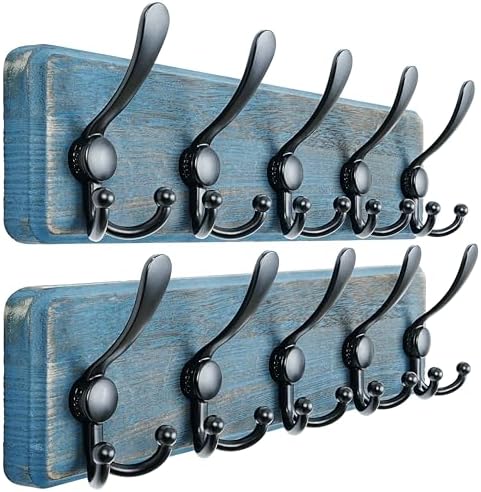 Dseap Coat Rack Wall Mount - Heavy-Duty Robust Barnwood-Style Wooden Wall Coat Hanger Hook Rail with 5 Triple Hooks for Winter Coats Hat Jacket Clothing, Weathered Blue & Black, Pack of 2 by Dseap